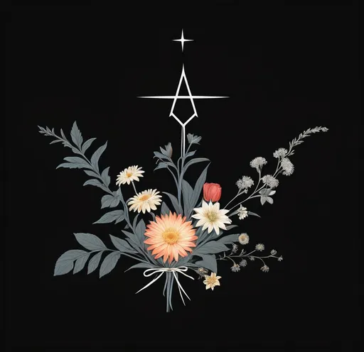 Prompt: a black background with a flower arrangement in the center of it and a star in the middle of the image, Andrew Boog Faithfull, les nabis, black background, a silk screen