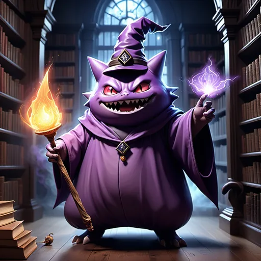 Prompt: (ultra-detailed) gengar wearing a wizard robe and wizard hat, holding a wizard staff, conjuring a spell in a dark spooky library