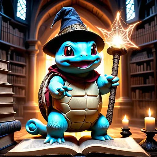 Prompt: (ultra-detailed) squirtle wearing an intricate wizard robe and a classic pointed hat, holding an ornate wizard staff, conjuring magical sparks, ancient spooky library background filled with dusty books and cobwebs, dimly lit with warm, flickering candlelight, mystical ambiance, enchanting atmosphere, breathtaking colors, high quality 4K, whimsical and mystical theme.