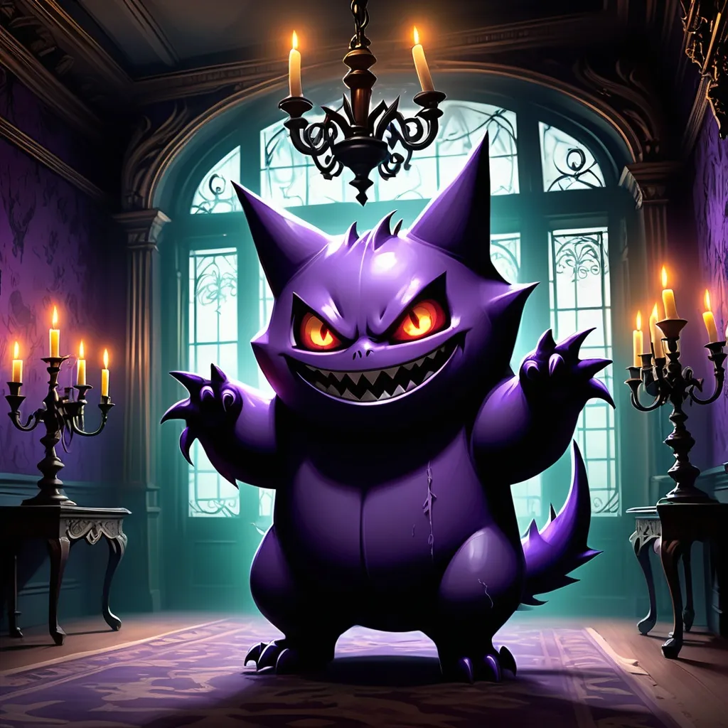 Prompt: (gengar), standing confidently in a grand (haunted mansion ballroom), eerie atmosphere, ghostly chandeliers hanging, flickering candlelight casting shadows, ornate details and cobwebs, rich dark colors with hints of purple and green, (spooky ambiance), ultra-detailed, high quality, capturing the essence of a (spooky yet elegant) setting.