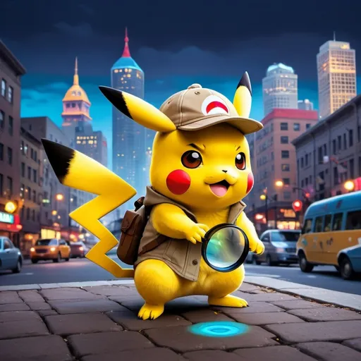 Prompt: (pikachu, wearing a detective hat), holding a magnifying glass, a pokeball on the ground, set in a bustling cityscape, vibrant colors, cool evening light, whimsical atmosphere, details of urban architecture in the background, lively street scene, high quality, ultra-detailed, playful and adventurous mood, emphasizing a sense of mystery and curiosity.