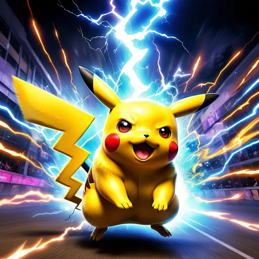 Prompt: (pikachu using thunderbolt), (dynamic arena setting), vibrant colors, electric effects, high-energy atmosphere, dramatic lighting, spectators in the background, surge of electricity, action-packed scene, ultra-detailed, colorful explosions, excitement fills the air, playful yet powerful expression on Pikachu’s face, highlighting motion and impact.