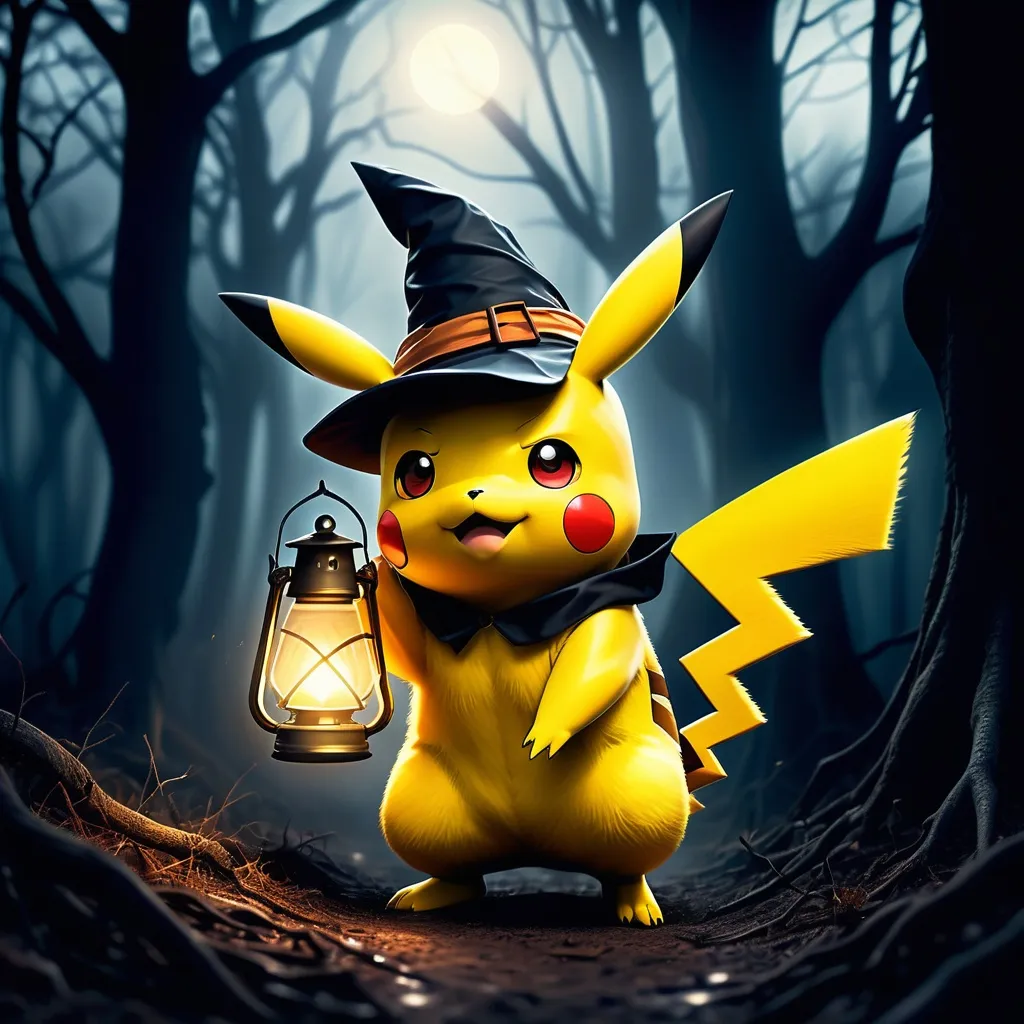 Prompt: (ultra-detailed) Pikachu wearing a witch hat , walking through a spooky dark woods, holding a glowing lantern in his hand, eerie shadows dancing around, moonlight filtering through twisted trees, fog creeping along the ground, high contrast colors, mysterious ambiance, cinematic lighting, rich textures, enchanting atmosphere, dreamy yet creepy vibe, elicit wonder and thrill, HD, immersive visual experience.