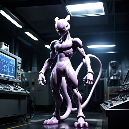 Prompt: (mighty Mewtwo), standing menacingly, (ominous atmosphere), dark laboratory setting, shadows encompassing the surroundings, eerie glow from pulsating machinery, high-tech equipment in the background, cold metallic tones, dramatic lighting, emphasizing Mewtwo's fierce expression, tension-filled ambiance, ultra-detailed, cinematic quality, captivating and intense mood, 4K resolution.