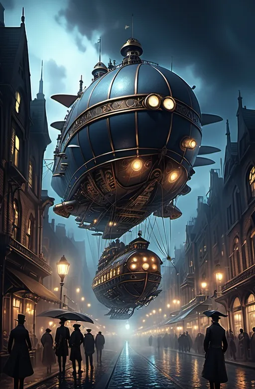 Prompt: Many, huge of Steampunk airships, (massive), floating above a (mysterious) night cityscape, illuminated by ethereal lights, intricate buildings with visible gears and machinery, (cinematic atmosphere), cool tones with deep blues and metallic shades, fog swirling below, (ultra-detailed), reflections on cobblestone streets, a sense of wonder and adventure in the air.