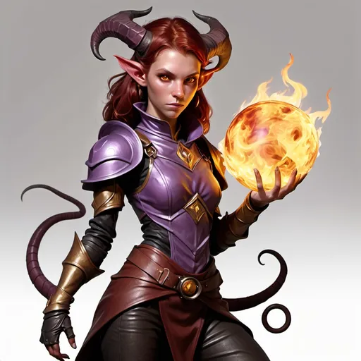 Prompt: hyper-realistic young shy, skinny, female Tiefling character magic sphere, flame, dark red hair, golden eyes, violet skin, simple brown leather-armor, fantasy character art, illustration, dnd, white background, fullbody, action pose