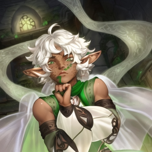 Prompt: an elf girl. gender neutral looking. brown skin. freckles. green eyes. short fluffy hair. white hair. masculine fantasy clothing. dark skin. fluffy hair. dark brown skin. long lacey sleeves.