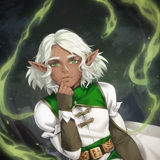 Prompt: an elf girl. gender neutral looking. brown skin. freckles. green eyes. short fluffy hair. white hair. masculine fantasy clothing. dark skin. fluffy hair. dark brown skin. long lacey sleeves.