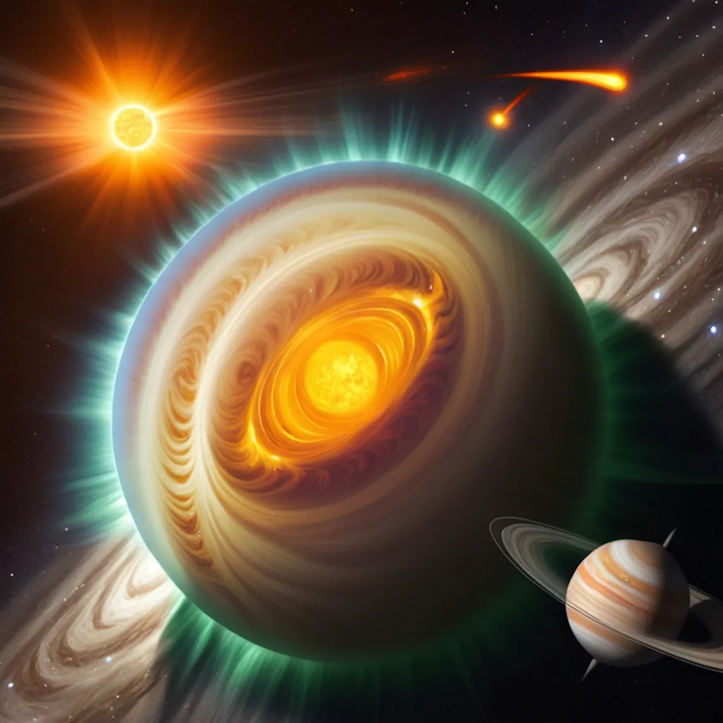 Prompt: solar wind blasting from sun to Jupiter