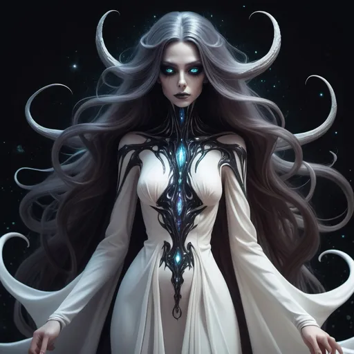 Prompt: a female eldritch being in a gown made of unearthly materials.the eldrirtch being is the opposite of horrific.tiny galaxies for eyes.not human looking but still possessed of unearthly femine beauty.long hair.no wings not an angel.skin shades spectre white.