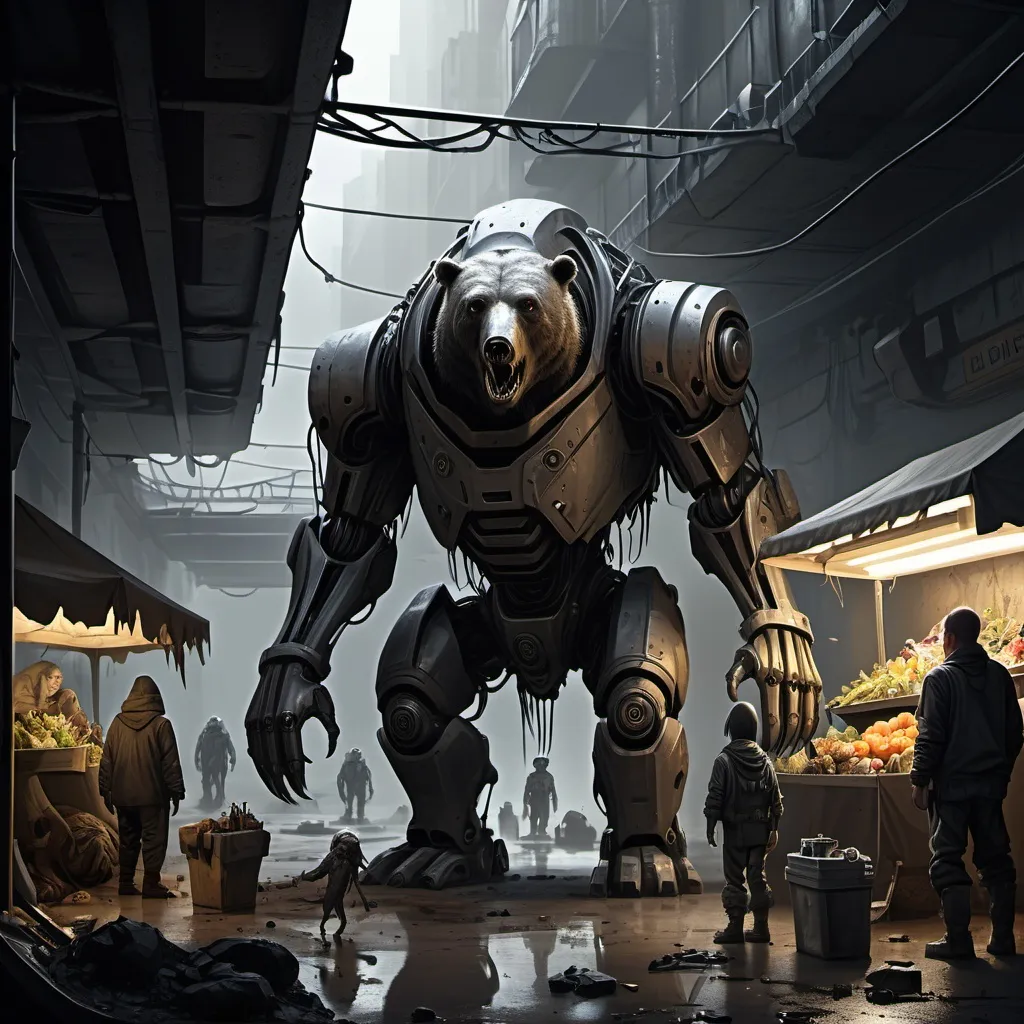 Prompt: a post-apocalyptic market scene.a liquid metal robot,a eldritch being covered head to toe to prevent insanity in mortal beings,a combat robot,a gawking visitor from a underground redoubt,a redoubter-basically a vast underground shelter.a mutated bipedal sentient bear,a humanoid alien-a descendant of the aliens who invaded earth centuries ago.a stall selling little harmless eldritch monsters as pets.