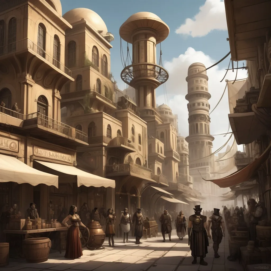 Prompt: a alternate history market scene in a mega steampunk city that was founded the populations of  ancient greece,egypt and china.eveyone the same new ethnicity.a subtle blend of architecture.any written language is a blend of the three languages