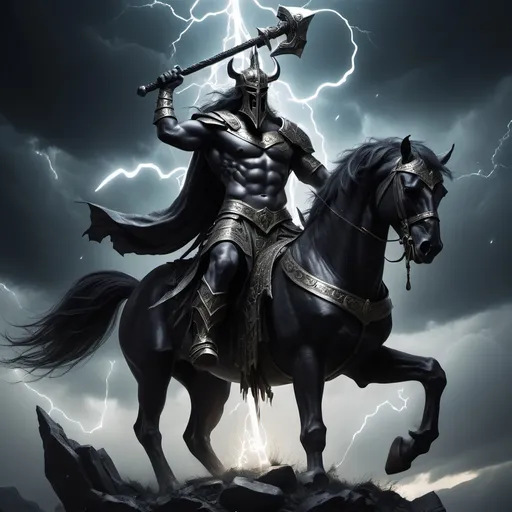 Prompt: A dark warrior God holding a trident in one hand and an axe in the other riding a blach horse surrounded by lighttning