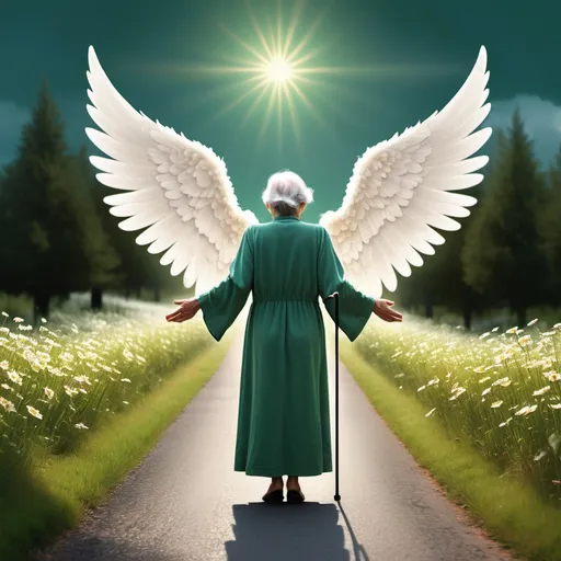 Prompt: create image of open hands looking like angel wings opening for an old woman who is standing at the end of the road. the old woman is dressed in green clothes holding only one cane. She must face back with head looking towards the sky in the middle of the wings. Make the road lined with beautful flowers. make the sky blue. Add a little lighted candle.