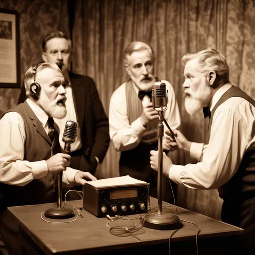 Prompt: 3 middle aged white men with short white beards in an old fashioned recording studio with old-fashioned microphones, script in hand performing a radio play. Sepia