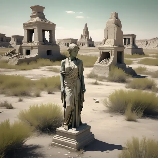 Prompt: The Forgotten Zones
* A zone outside the Badlands where ancient ruins or forgotten cities lie. It’s a wasteland in its own right, filled with crumbled remnants of the past, providing rich history for the setting.
    * Visual Features: Old statues, broken temples, and forgotten architecture, overgrown with nature.
    * Color Palette: Faded golds, greys, and greens.
The Shattered Sea
* This could be an area far beyond the Crystal Highlands, an ocean or sea that was once teeming with life but is now dangerous, polluted, and filled with ruins from a lost civilization.
    * Visual Features: Broken ships, polluted waters, wreckage, and the occasional sunken city. The sea could be plagued with pirates or mutated sea creatures.
 