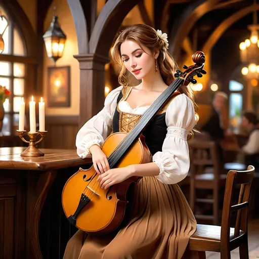 Prompt: Gorgeous female bard, light brown hair cascading elegantly, wearing a white blouse, flowing brown skirt, and stylish black high heels, playing a beautiful lyre, located in a quaint fantasy renaissance tavern, enchanting ambiance, filled with soft, golden lighting, warm and whimsical atmosphere, detailed wooden bar in the background, rustic decor, inviting mood, ultra-detailed, high-quality realism.