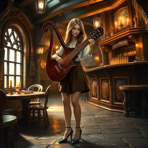 Prompt: Gorgeous female bard, light brown hair cascading elegantly, wearing a white blouse, short brown skirt, and stylish black high heels, full length image including her legs and feet, playing a beautiful lyre, located in a quaint fantasy renaissance tavern, enchanting ambiance, filled with soft, golden lighting, warm and whimsical atmosphere, detailed wooden bar in the background, rustic decor, inviting mood, ultra-detailed, high-quality realism.