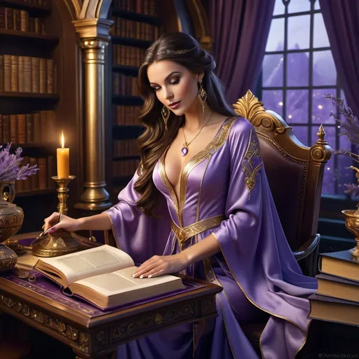 Prompt: Fantasy portrait of a slim, beautiful, elegant sorceress, full body pose emphasizing her long legs and delicate feet, wearing rich lavender robes with luxurious gold trim and stylish high heel shoes. Her rich brunette hair cascades elegantly. Studying a magical tome at her desk, adorned with ancient artifacts and a warm, enchanting glow, capturing a magical atmosphere. Highly detailed, vibrant colors, ultra-detailed, and captivating ambiance. standing with magic staff in hand