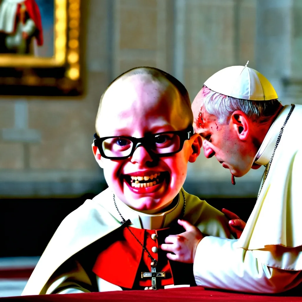 Prompt: Skinny ill Pope Fransiscus looking emaciated , a young girl bald with down syndrome coughing blood on Francis' face, the girl bows over the crippled pope, mangled pope lays on the floor , Vatican , Realistic 