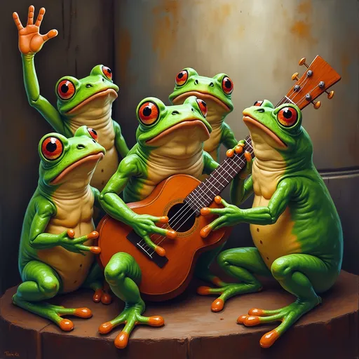 Prompt: An oil color type painting of many frogs singing and playing a ukulele in a beer brewery