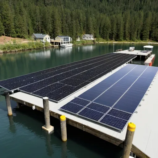 Prompt: Solar Pannels are on all surfaces of a boat dock. They are used to construct the boat dock. 
