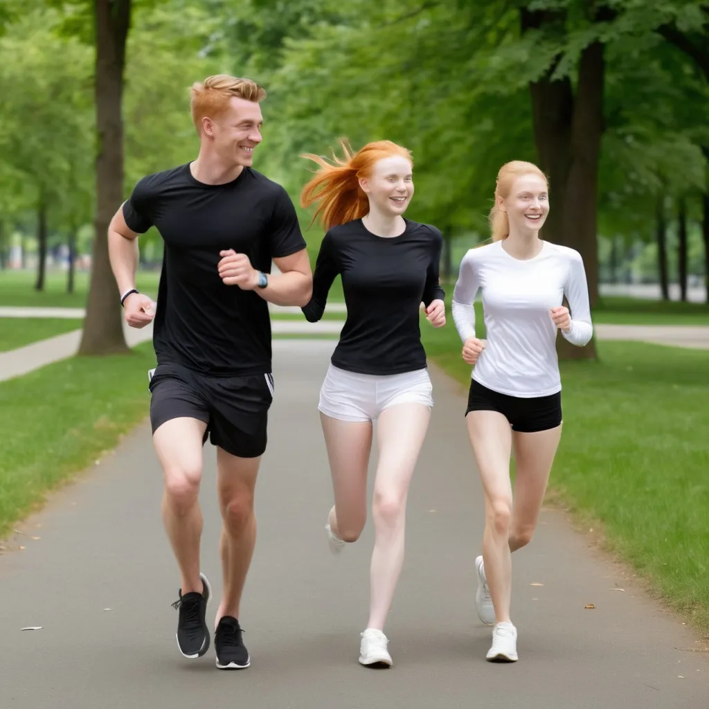 Prompt: a girl runs in park with her boyfriend.  they are about 30. both a smiling and looking at each other. a girl wears black running t-shirt and white tight cycling shorts. a boy wears black shorts and white sport a long-sleeve. a girl is ginger very tall and skinny. a boy is blonde muscular and as tall as a girl