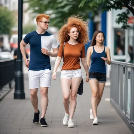 Prompt: Tall young woman walking down the high street, detailed clothing, realistic, natural lighting
Ginger, curly, wearing glasses. White shorts, dark-blue blouse