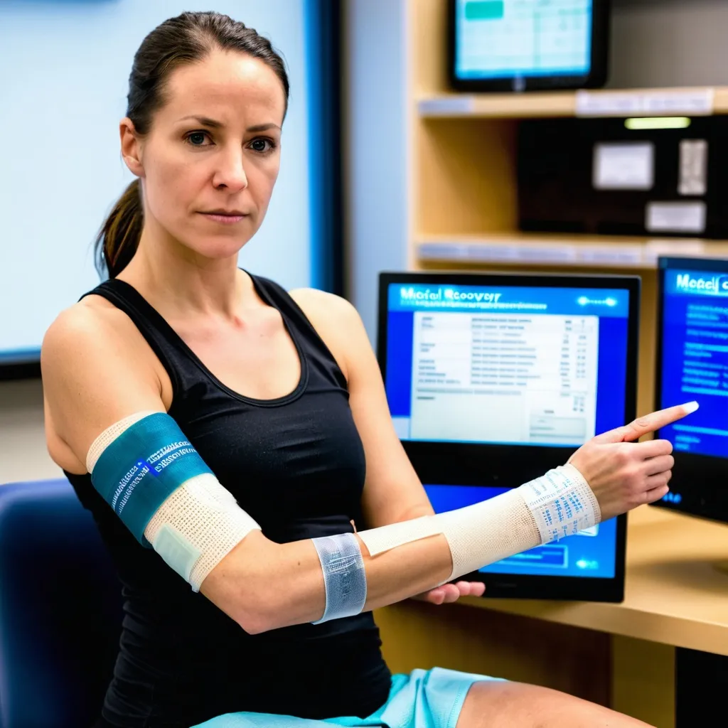 Prompt: A woman in a black tank top sits in a medical setting, holding a device with a screen. Her arm is wrapped in a bandage, indicating she is recovering from an injury or medical procedure.