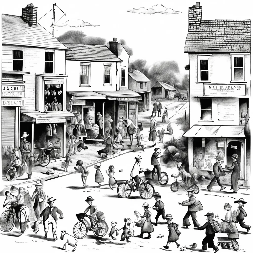 Prompt: Vintage clipart drawing of a street scene set in an australian country town, with a number of people walking, playing, skating, riding bicycles, but with the people replaced by peanuts, black and white, ink drawing