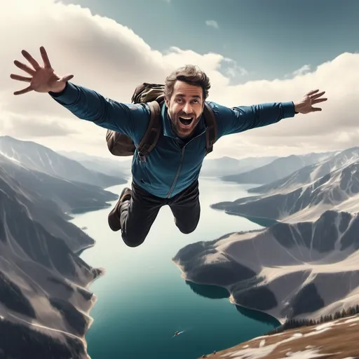 Prompt: A man flying through the air over mountainous terrain with a lake in the distance. The man's hands are by his side.