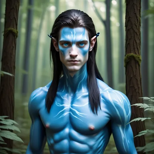 Prompt: Create an Avatar. Tall and young man, long hair, blue eyes, blue skin, has a tail going through the forest.