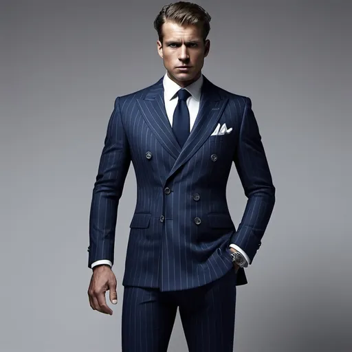 Prompt: Ok so i am a suit designer and i want to see how my design look on man so create a image of man wearing a double breasted suit which is full royal dark blue and has clean white strip verticallly on coats and paint and multiple strip with some distances and i need full view of man
