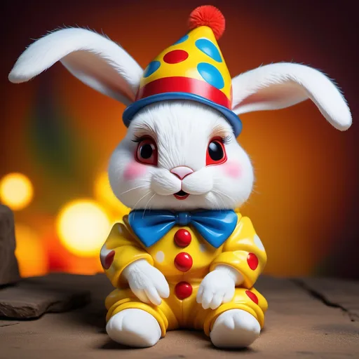 Prompt: (ultra-detailed) cute adorable white bunny, wearing a vibrant (yellow and blue) clown outfit, clown hat snugly perched between its ears, big striking red eyes, pouty frown creating a whimsical expression, sitting down, playful atmosphere, warm lighting illuminating the scene, vivid colors capturing the charm and playful nature, cheerful ambiance, richly textured background accentuating the adorable character.