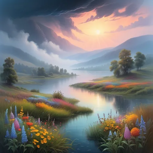 Prompt: misty lake in the hills, dense fog, vibrant banks with abundant, colorful and varied wildflowers, outdoor scene at dusk, retreating storm clouds, highly detailed landscape, sci-fi fine arts illustration, oils