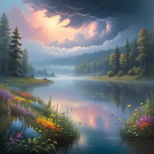 Prompt: vast misty lake in the forest, dense fog, vibrant banks with abundant, colorful and varied wildflowers, outdoor scene at dusk, retreating storm clouds, highly detailed landscape, sci-fi fine arts illustration, oils