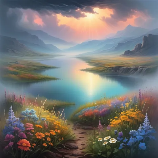 Prompt: vast misty lake in the valley, dense fog, vibrant banks with abundant, colorful and varied wildflowers, outdoor scene at dusk, retreating storm clouds, highly detailed landscape, sci-fi fine arts illustration, oils