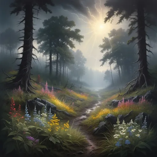 Prompt: dark, dense, mysterious, foggy forest with wildflowers, outdoor scene, retreating storm clouds, sun peeking through, highly detailed landscape, sci-fi fine arts illustration, oils