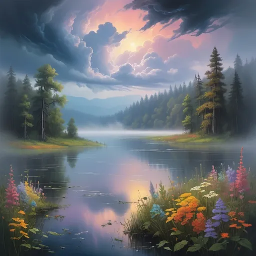 Prompt: vast misty lake in the forest, dense fog, vibrant banks with abundant, colorful and varied wildflowers, outdoor scene at dusk, retreating storm clouds, highly detailed landscape, sci-fi fine arts illustration, oils