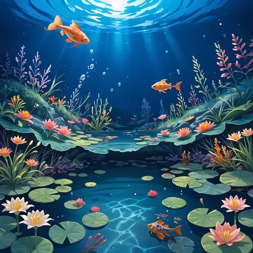 Prompt: schools of iridescent fish under the surface of pond with cattails, lily pads, dragonflies and vibrant banks with flowers, outdoor scene at night, highly detailed nature scene seen from underwater, sci-fi fine arts illustration, oils