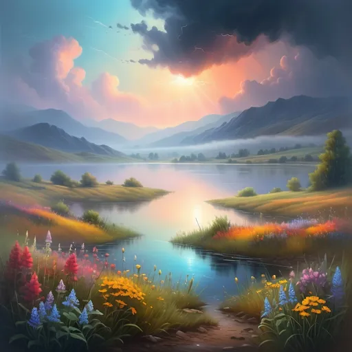 Prompt: misty lake in the hills, dense fog, vibrant banks with abundant, colorful and varied wildflowers, outdoor scene at dusk, retreating storm clouds, highly detailed landscape, sci-fi fine arts illustration, oils