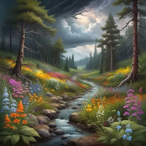 Prompt: mysterious forest with creek bordered by colorful and varied wildflowers, outdoor scene, retreating storm clouds, highly detailed landscape, sci-fi fine arts illustration, oils