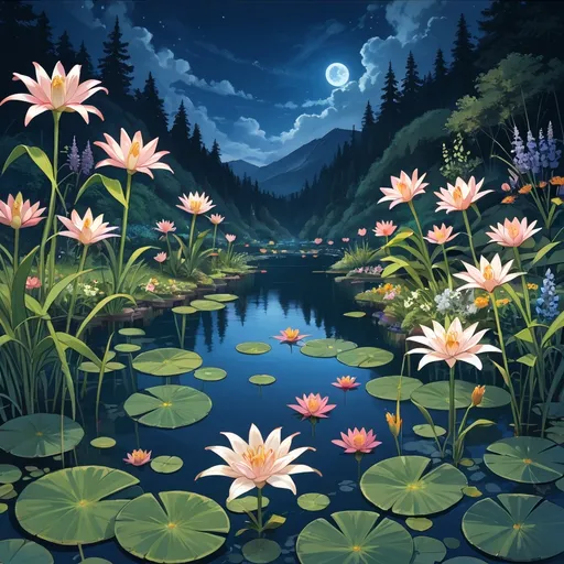 Prompt: pond with cattails, lily pads, dragonflies and vibrant banks with flowers, outdoor scene at night, highly detailed landscape, sci-fi fine arts illustration, oils