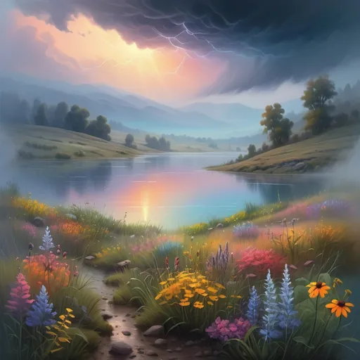 Prompt: misty lake in the hills, dense fog, vibrant banks with abundant, colorful and varied wildflowers, outdoor scene at dusk, retreating storm clouds, highly detailed landscape, sci-fi fine arts illustration, oils