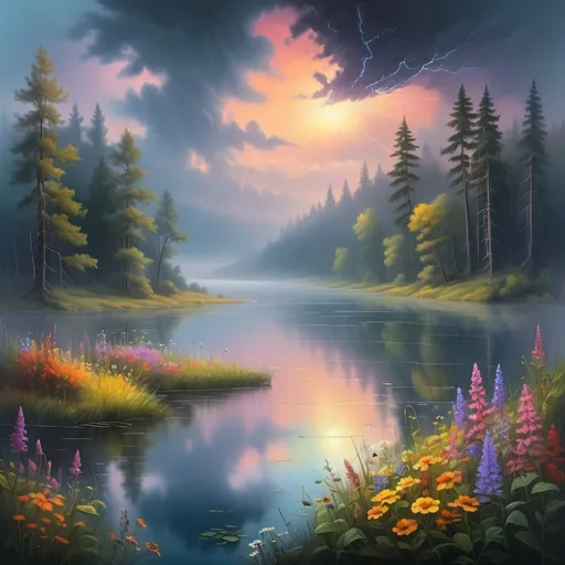 Prompt: vast misty lake in the forest, dense fog, vibrant banks with abundant, colorful and varied wildflowers, outdoor scene at dusk, retreating storm clouds, highly detailed landscape, sci-fi fine arts illustration, oils