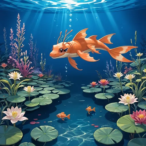 Prompt: schools of iridescent fish under the surface of pond with cattails, lily pads, dragonflies and vibrant banks with flowers, outdoor scene at night, highly detailed underwater nature scene, sci-fi fine arts illustration, oils