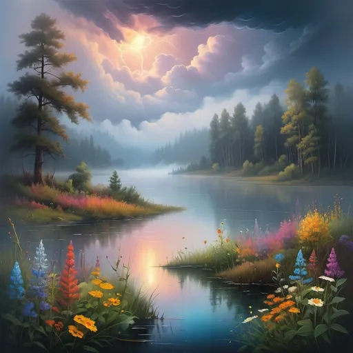 Prompt: vast misty lake in the forest, dense fog, vibrant banks with abundant, colorful and varied wildflowers, outdoor scene at dusk, retreating storm clouds, highly detailed landscape, sci-fi fine arts illustration, oils