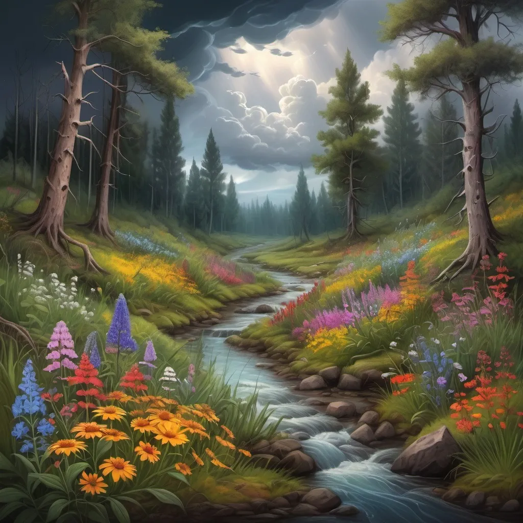 Prompt: mysterious forest with creek bordered by colorful and varied wildflowers, outdoor scene, retreating storm clouds, highly detailed landscape, sci-fi fine arts illustration, oils