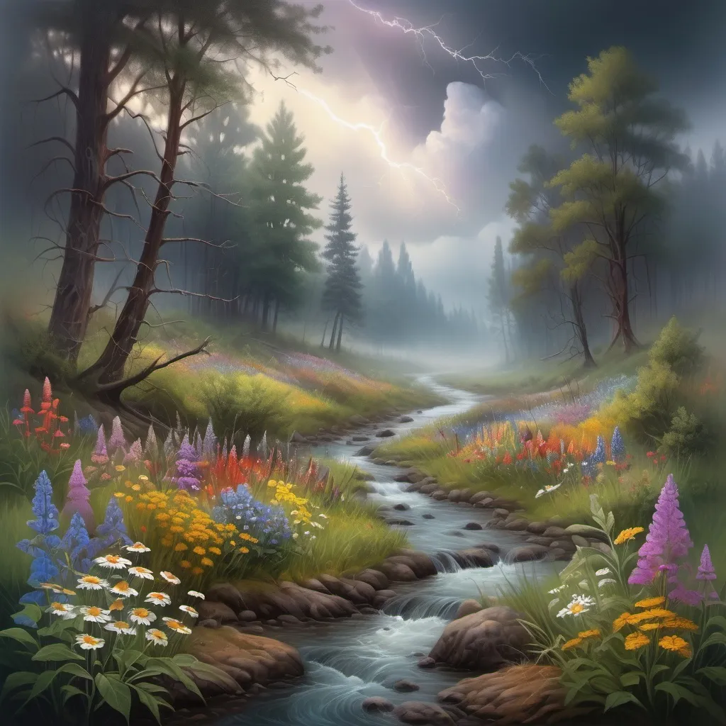 Prompt: mysterious, foggy forest with creek bordered by colorful and varied wildflowers, outdoor scene, retreating storm clouds, highly detailed landscape, sci-fi fine arts illustration, oils