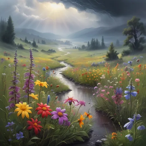 Prompt: close-up of rain-drenched flowers in misty meadow with creek and colorful and varied wildflowers, mysterious vampire stands, outdoor scene, retreating storm clouds, sun peeking through, distant hills, highly detailed landscape, sci-fi fine arts illustration, oils